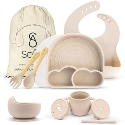 All In One Silicone Baby Feeding Set By SofiAl - Safe for 6-12 Months - Non-Toxic Baby Led Weaning Supplies - Toddler Self Feeding Utensils - BPA-Free - Mess Free Baby Feeding Essentials