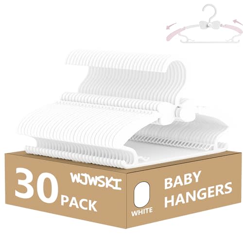 Baby Hangers 30 Pack, 11-14.5" Adjustable Kid Clothes Hangers for Newborn Closet, Plastic Non-Slip Small Infant Hanger for Toddler Pant, Child Coat Hanger for Boy Nursery Clothing, Girl Dresses, White