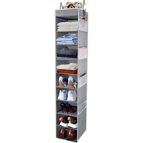 Large-Sized Hanging Shoe Organizer 10-Shelf, Sturdy Hanging Closet Organizer with 8 Side Pockets, Wider Hanging Shelves for Storage Shoes Clothes Jeans Shirts Toys, Grey