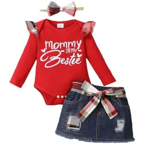 Kucnuzki Baby Girl Clothes Newborn Baby Girl Outfit Long Sleeve Romper Jean Denim Skirt Set Infant Baby Clothe for Girls
