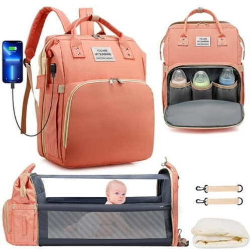 Diaper Bag Backpack, Multifunctional Baby Changing Bag with Foldable Crib & Insulated Milk Bottle Pocket, Large Capacity Travel Backpack with USB Charging Port & Stroller Strap (Pink)