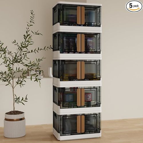 5 Packs 8.5Gal Stackable Storage Bins With Lids, Collapsible Plastic Storage Bins, Closet Organizers and Containers with Doors and Built-in Wheels For Home