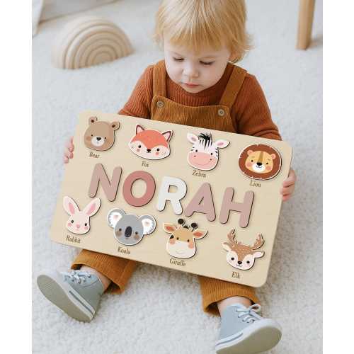 Personalized First Birthday Gift, Handmade Name Puzzle with Animals, Custom New Baby Gift for Toddler, Christmas Gifts, Wooden Toys