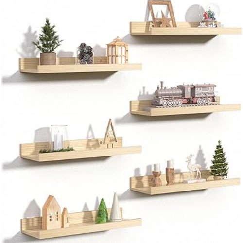 upsimples Floating Shelves for Wall, Wall Shelves for Decor Storage Set of 6, Wall Mounted Wood Shelves for Bedroom, Living Room, Bathroom, Kitchen, Picture Ledge Shelves, Natural