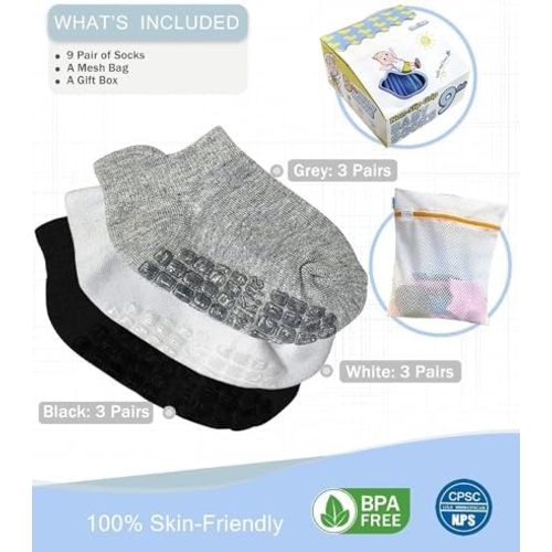 Simply Kids Non-Slip Toddler Ankle Socks (9 Pairs) – Superior Grip, Soft Cotton, for Active Baby Girls & Boys (Ages 0-7)