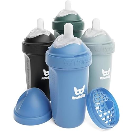 Herobility Double Anti-Colic Baby Bottles – 8.5 fl oz/240ml – 4-Pack – Multicolor – Denim, Black, Dusky Green, Gray