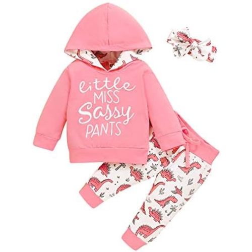 Infant 3 Pcs Baby Girl Clothes Sets Long Sleeve Hoodie Shirt Tops Dinosaur Pant Headband Outfits