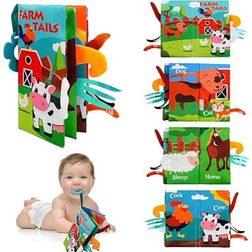 Baby Books Toys 0-12 Months with Teether,Tummy Time Crinkle Sensory Toys,High Contrast Touch & Feel Soft Book, Early Learning Infant Toys,Shower Gift for Boys Girls (Farm Animals)