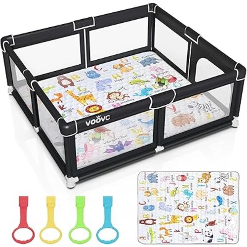 Premium Baby Playpen with Mat, 71x60 Inches Extra Large Play Pen for Babies and Toddlers, Indoor & Outdoor Activity Center, Safety Baby Playpen with Gate Prints Black