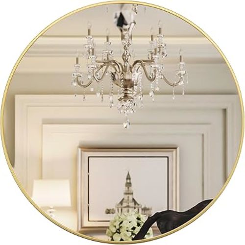 Growsun 28 inch Gold Round Mirror, Bathroom Mirror for Wall, Wall-Mounted Circle Mirror for Living Room Decoration, Wall Decor Mirror
