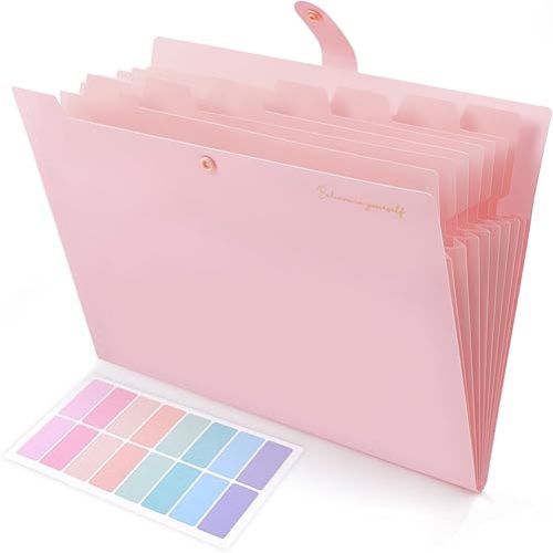 SKYDUE Expanding File Folder, Accordion File Organizer with 8 Pockets, Expandable Document Paper Receipt Holder for School Office Hospital, Letter/A4 Size Pink
