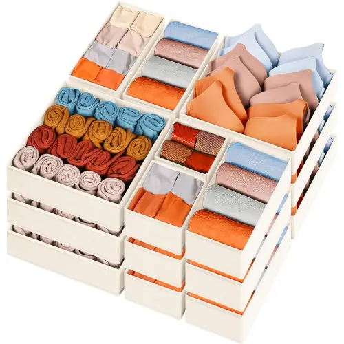 Criusia Sock Underwear Drawer Organizer Dividers 15 pack - Dresser Organizer for Deep Drawer, Closet, Nursery, Bedroom - Fabric Bins for Organization Small Toys, Bra, Ties, Scarf, Belt (Beige)