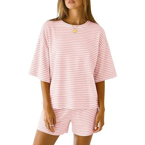 LOMON Two Piece Sets for Women Summer 3/4 Sleeve Tops and Elastic Waist Shorts Pajamas Cute Comfy Soft Lounge Striped Pjs