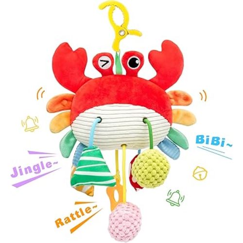 XIXILAND Car Seat Toys for Babies 0-6 Months Boy Girl, Clamp Stroller Toy Carseat Hanging Toys Crab Baby Toys 0 3 6 9 12 Months, Infant Newborn Sensory Toy Baby Gift with Mirror, Rattle, Teether