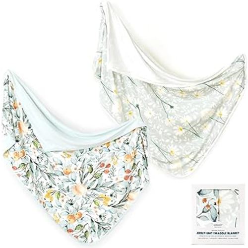 GRSSDER Baby Blankets Super Soft Stretchy Jersey Knit Swaddle Blanket 2 Pack for Baby Girls, Double Layer Reversible Receiving Blankets 34 x 44, Extra Large for Swaddling, Fruit & Daisy