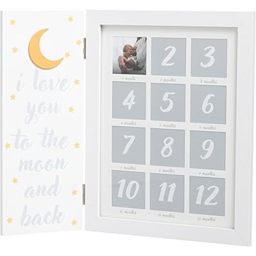 My First Year Hinged Picture Frame, Baby's First Twelve Months Photo Collage and Gender Neutral Keepsake, New Mom Gift and Nursery Décor, I Love You To The Moon And Back