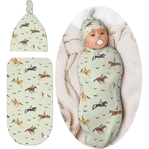 Horse Baby Stuff Newborn Baby Swaddle Blanket Wrap Blanket Soft Sleep Sacks with Beanie Hat Sets Gifts for Infant Boys Girls