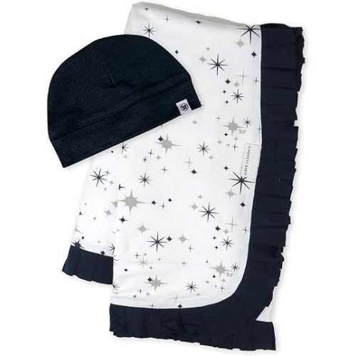 HonestBaby Knit Stroller Blanket with Trim Detail and Baby Hat 100% Organic Cotton for Infant Boys, Girls, Jumbo Twinkle Star Navy (2-Pack), One Size
