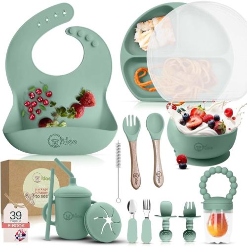 O'doe 17-Piece BPA-Free Silicone Baby Feeding Set | Thick & Soft Suction Plates, Baby Bowls, Wooden Fork & Spoon, and More | Make Mealtime Fun and Easy for Your Little One (Green, V2)