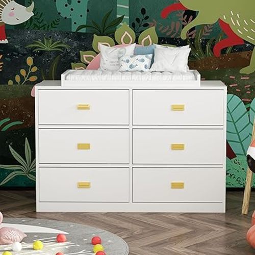 Compact Double Dresser with 6 Drawers & Golden Handles, Chest of Drawers with Top Tray, Modern Wooden Drawer Dresser for Bedroom Living Room, White
