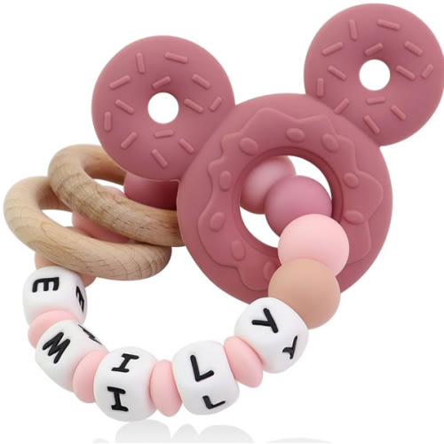 Personalized Baby Teether with Name - Custom Mouse Silicone Teether & Natural Wooden Ring for Boys & Girls - Handmade Unique Baby Shower Gift for Infants & Toddlers (Pink)
