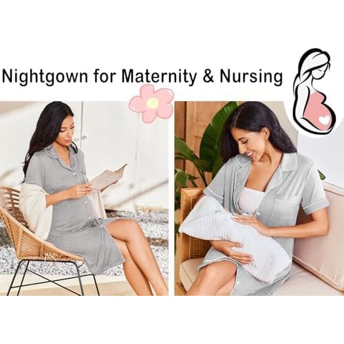 Ekouaer Nightgowns for Women Button Down Sleepshirt Short Sleeve Nightshirt Boyfriend Pajamas V Neck Nightdress S-XXXL