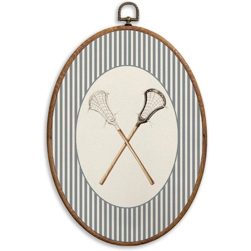 SONMYSULIL Vintage Lacrosse Sports Nursery Wall Art Decor, Sports Oval Wall Hanging Decor, Lacrosse Stick Striped Framed Canvas Prints for Kids Boy Nursery Room Bedroom Playroom, 8.6x11.4 Inch