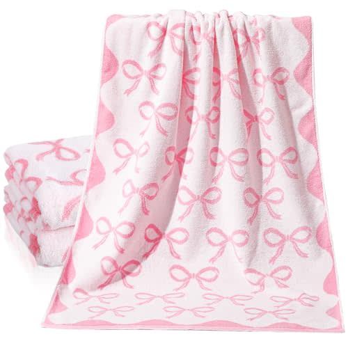 SmoothNovelty 2 Pcs Pink Bow Bathroom Towels 100% Cotton Coquette Bow Bath Towels 28 x 55 Inch Absorbent Soft Preppy Bathroom Decor for Spa Gym Kitchen Women Gifts