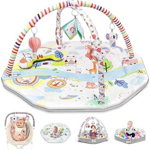 8-in-1 Baby Play Gym Mat & Tummy Time Activity Mat & Ball Pit & Soft Play Mat with 5 Detachable Toys and Tummy Time Pillow for Sensory Exploration and Motor Skill Development