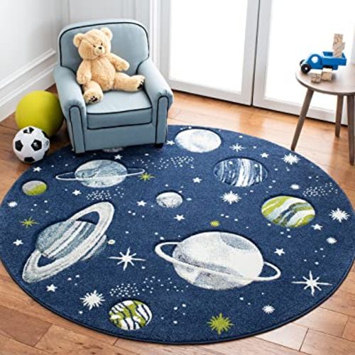 SAFAVIEH Carousel Kids Collection Area Rug - 5'3" Round, Navy & Ivory, Non-Shedding & Easy Care, Ideal for High Traffic Areas for Boys & Girls in Playroom, Nursery, Bedroom (CRK103N)