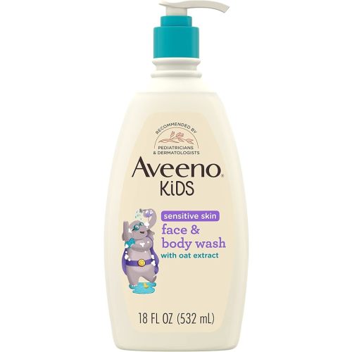 Aveeno Kids Sensitive Skin Face & Body Wash with Oat Extract, Gently Washes Away Dirt & Germs Without Drying, Tear-Free & Suitable for All Skin Tones, Hypoallergenic, 18 fl. Oz