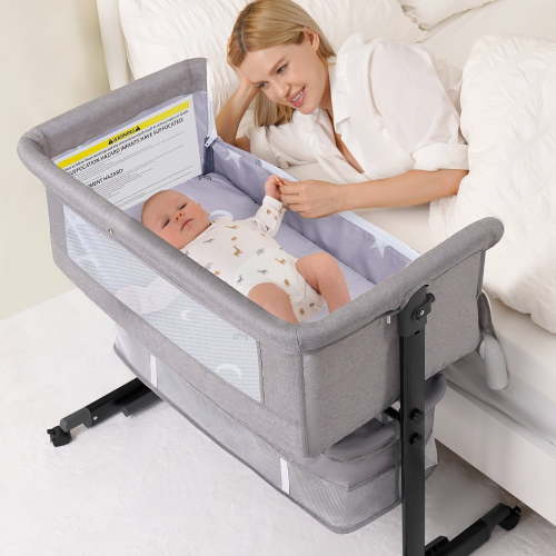 Baby Bassinet Bedside Crib Foldable Portable with Adjustable Height, Wheels, and Storage Basket, grey