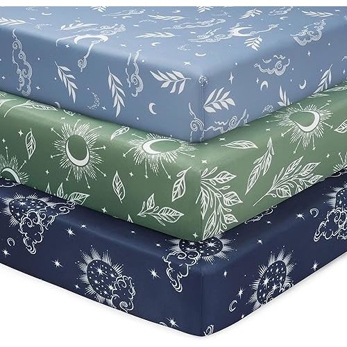 Baby Mini Crib Sheets Boy, Portable 38”x26” Pack and Play Sheets Fitted for Playard and Pack N Play Mattress, 3-Pack Soft Microfiber Blue Green Starry Sky