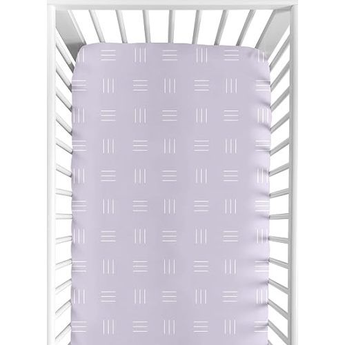 Sweet Jojo Designs Lavender Purple Boho Mudcloth Girl Fitted Crib Sheet Baby or Toddler Bed Nursery - Light Lilac and White Bohemian Woodland Tribal Southwest Mud Cloth Hatch Triple Line Shabby Chic