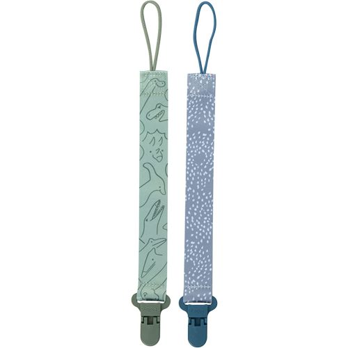 Nuby Pacifinder Baby Pacifier Clip - (2-Pack) - Pacifier Holder Clip with Convenient Hook Loop - Blue Dots and Green Dino