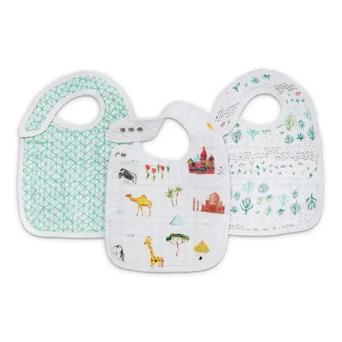 aden + anais Baby Drool Bibs Soft and Absorbent 100% Muslin Cotton Adjustable Bandana Snap Bibs Set for Boys and Girls, 3 Pack, Around the World