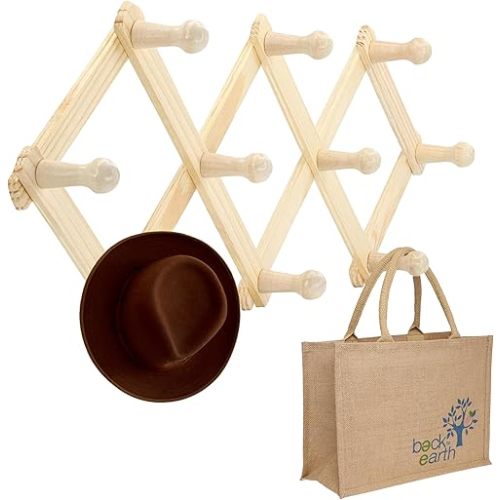 RamPro Accordion Style Wood Expandable Rack Hat, Cap, Belt, Umbrella Coffee Mug Wall Wooden Pegs