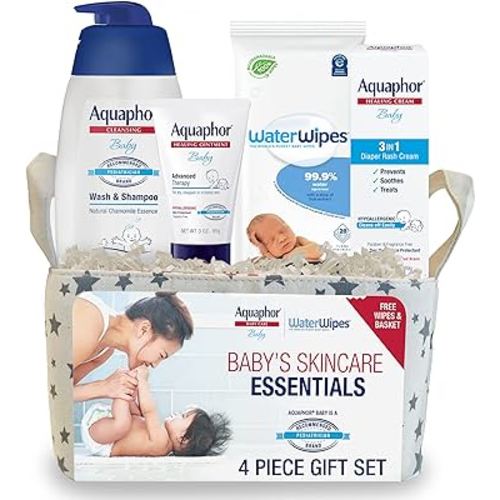 Aquaphor Baby Welcome Baby Gift Set - Free WaterWipes and Bag Included - Healing Ointment, Wash and Shampoo, 3 in 1 Diaper Rash Cream
