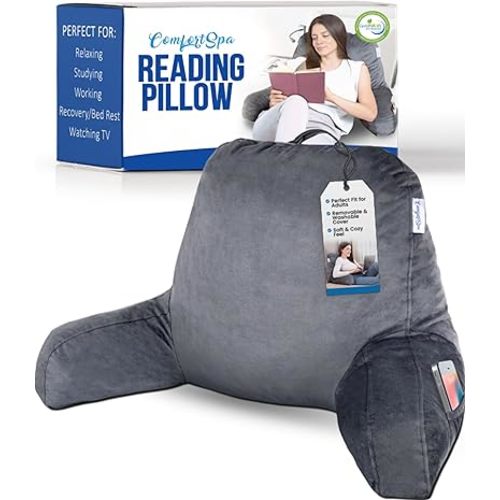 ComfortSpa Reading Pillow for Bed Adult Size, Back Rest Pillow with Arms, Pockets and Washable Cover; Use as a Back Pillow for Bed Sitting Up for Bedrest or Relief from GERD Heartburn (Large Grey)
