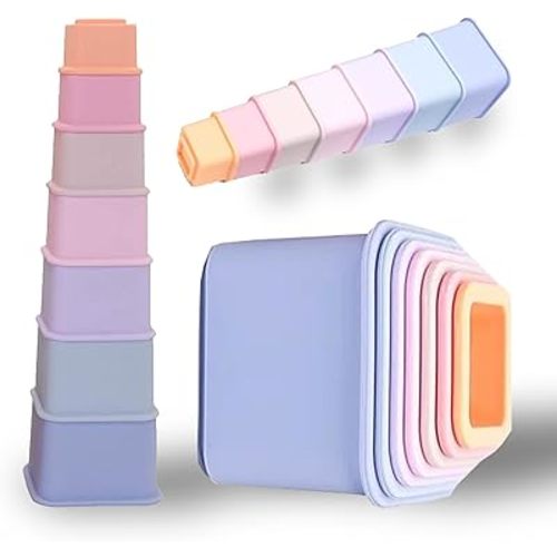 Baby Stacking Cups Set of 7 - Square Silicon Nesting Cups - Baby Montessori Toys Motor Skills Stackable Blocks - Sorting Teething Snacking for Toddler Kids Boy Girl 1 2 Years Old (Unicorn)