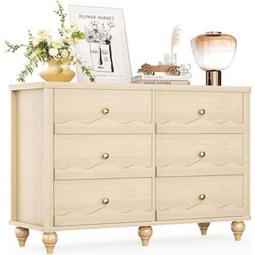 Cyclysio 6 Drawer Dresser for Bedroom, 43" Modern Chest of Drawers for Bedroom, Dresser Organizer with 6 Storage Drawers, Drawer Organizer Storage with Scalloped Front for Living Room, Natural Oak