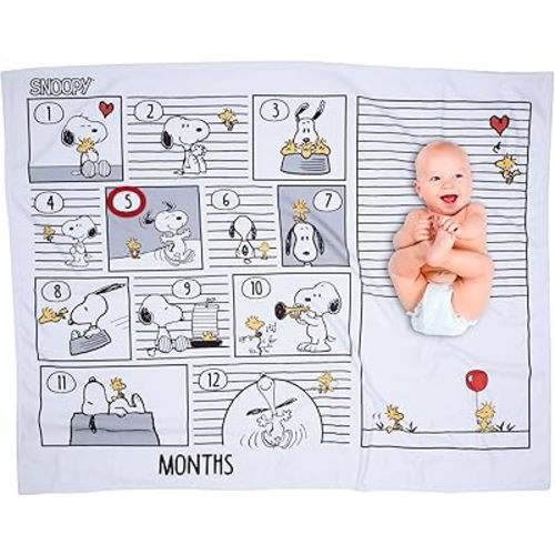 Lambs & Ivy Snoopy Milestone Photo Opportunity Black/White Fleece Baby Blanket