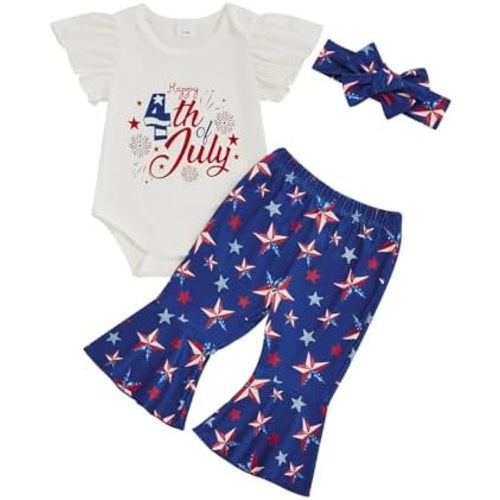MERSARIPHY Baby Girl Bell Bottom Outfit Cute Infant Newborn Girl Summer Clothes Ribbed Knit Ruffle Romper Tops Flare Pant Set