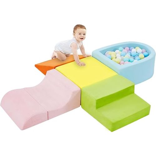 5-Piece Climbing Toys for Toddlers 1-3 , Baby Foam Blocks,Toddler Climbing Toys Indoor with Foam Ball Pit (Balls not Included), Soft Foam Climbing Blocks Set Indoor Play Gym for Crawling and Sliding