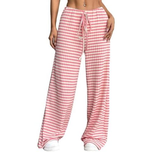 Wowcarbazole Women's Wide Leg Pants Striped Elastic High Waisted Casual Knit Palazzo Pants Drawstring Lounge Pajama Trousers