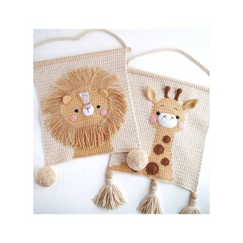 Lion Giraffe and Elephant crochet wall hangings for safari nursery decor, Set of cotton wall hangings for jungle room decor