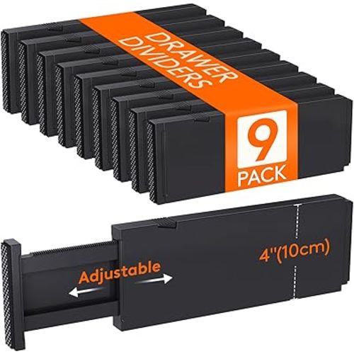Lifewit 9 Pack Drawer Dividers 4" High, 11-17" Adjustable Drawer Organizers for Clothes, Expandable Dresser Separators in Bedroom/Bathroom/Kitchen/Fridge/Office Organization and Storage, Black