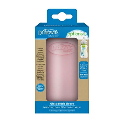 Dr. Brown's Natural Flow Options+ Glass Baby Bottle Sleeves, 100% Silicone, 9 oz, Wide-Neck, Pink, 1 Pack