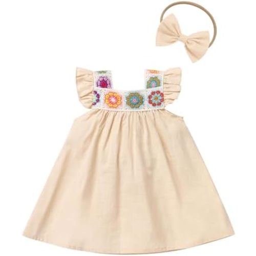 OBEEII Baby Girls Floral Embroidery Mexican Dress Toddler Casual Flutter Sleeve Cinco De Mayo Fiesta Dress with Headband