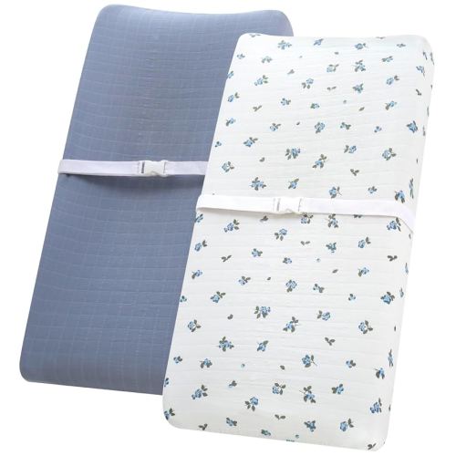 LifeTree Diaper Changing Pad Cover Unisex - Soft Muslin Fitted Changing Table Sheets - 16"x32" Organic Cotton - Blueberries and Mist Blue